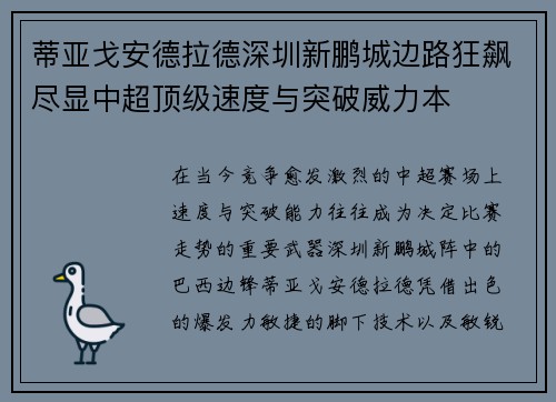 蒂亚戈安德拉德深圳新鹏城边路狂飙尽显中超顶级速度与突破威力本 蒂亚戈安德拉德深圳新鹏城边路狂飙尽显中超顶级速度与突破威力本